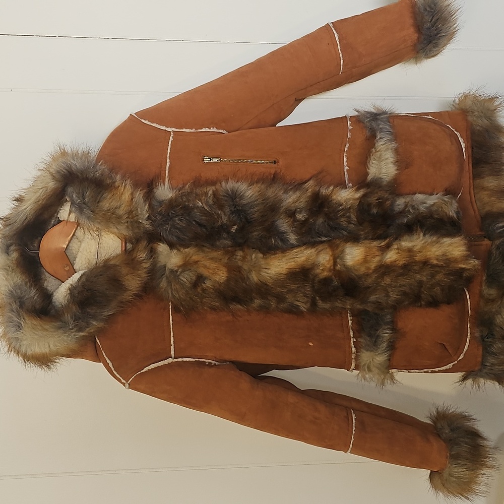 Faux Tan Suede & Sheepskin Coat Womens Sz S Fur Edged Warm Afghan Pennylane EUC